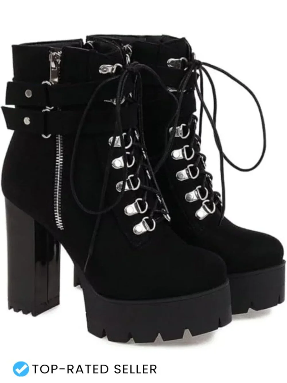 Goth Platform Combat Booties Lace Up Round Toe Chunky High Heel Ankle Boots